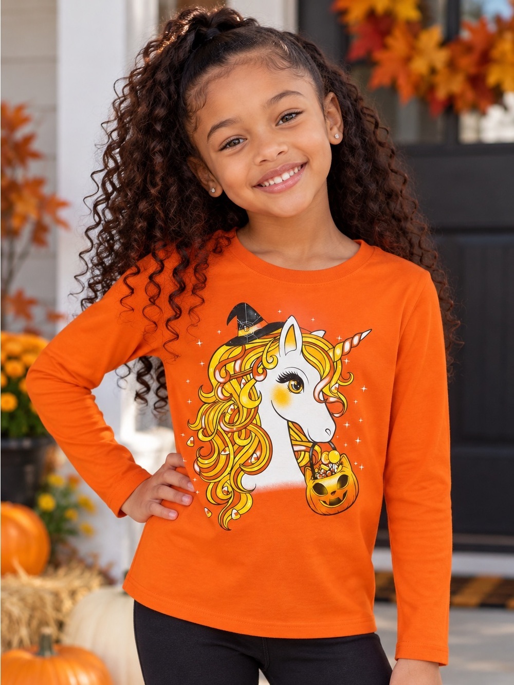 🎀 Place Orange Long-Sleeve Unicorn Halloween Graphic Tee Girls Size L